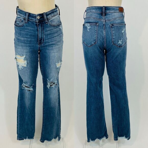 Judy Blue Denim - Judy Blue Straight Fit Jeans Women's Size 5 27 Mid Rise Ripped Knee Raw Hem